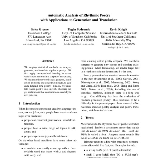 Automatic Analysis of Rhythmic Poetry with Applications to Generation ...