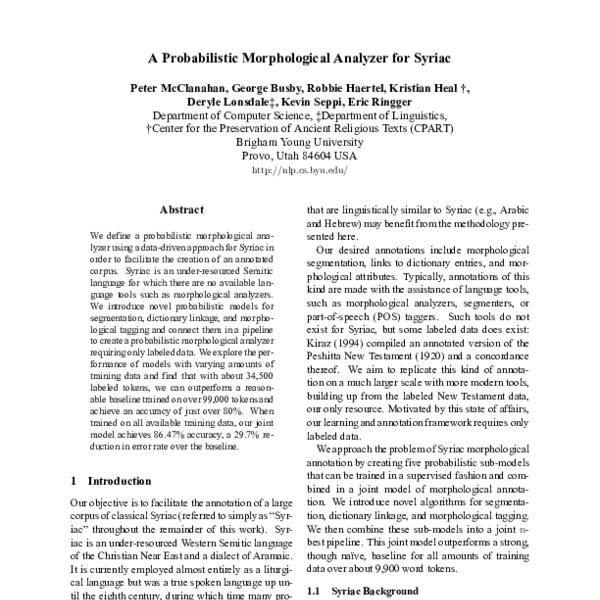 A Probabilistic Morphological Analyzer for Syriac - ACL Anthology