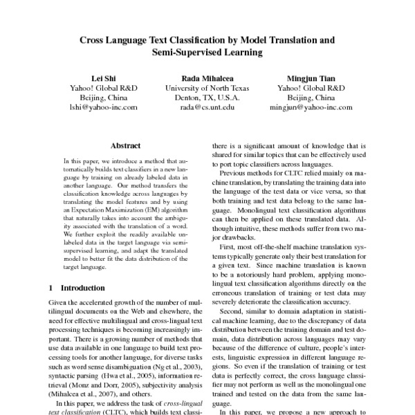 Cross Language Text Classification by Model Translation and Semi ...