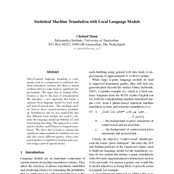 Statistical Machine Translation With Local Language Models Acl Anthology