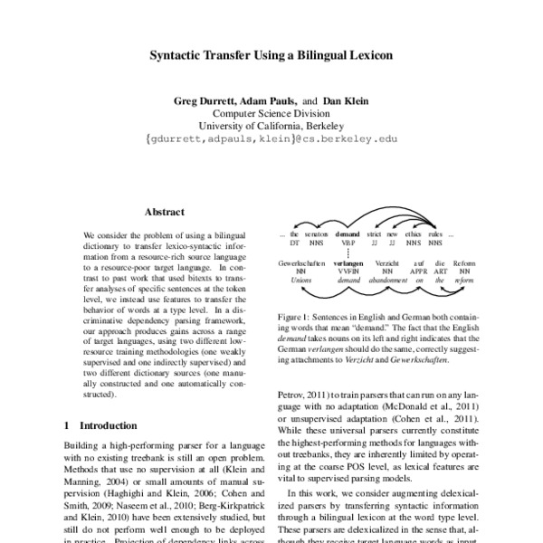 Syntactic Transfer Using a Bilingual Lexicon - ACL Anthology