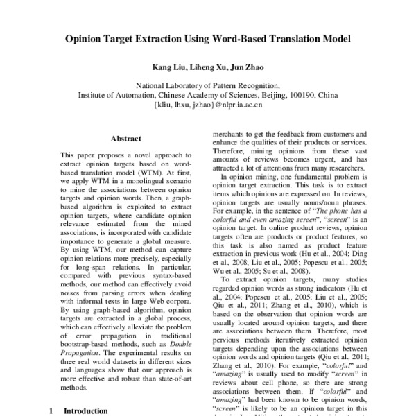 Opinion Target Extraction Using Word-Based Translation Model - ACL ...
