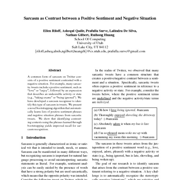 Sarcasm as Contrast between a Positive Sentiment and Negative Situation ...