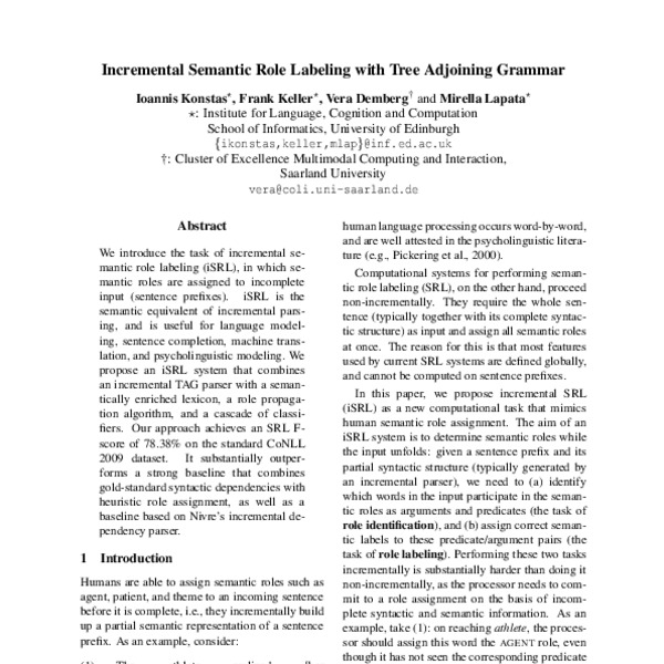 Incremental Semantic Role Labeling with Tree Adjoining Grammar - ACL ...