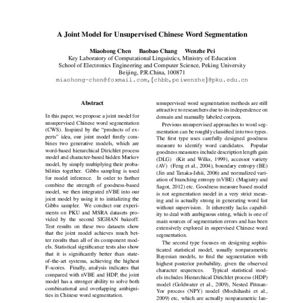 A Joint Model for Unsupervised Chinese Word Segmentation - ACL Anthology