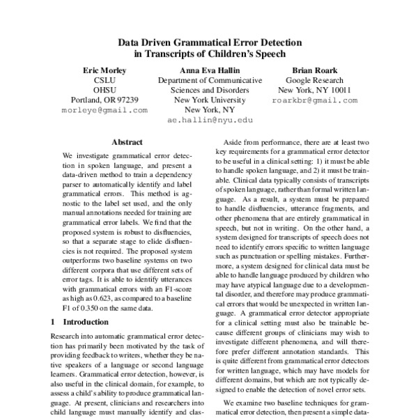 Data Driven Grammatical Error Detection in Transcripts of Children’s ...