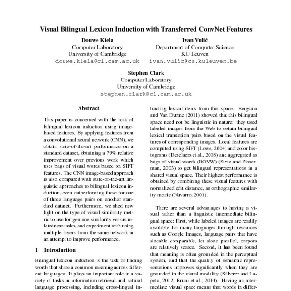 Visual Bilingual Lexicon Induction With Transferred ConvNet Features ACL Anthology