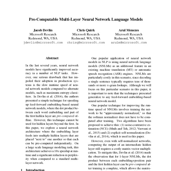 Pre-Computable Multi-Layer Neural Network Language Models - ACL Anthology