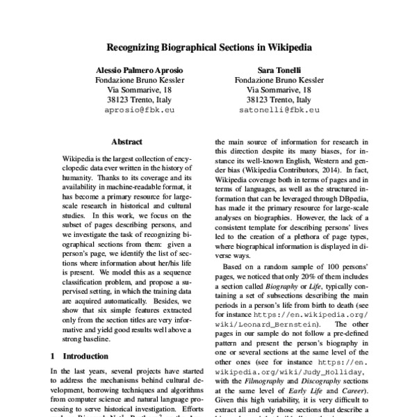 Recognizing Biographical Sections in Wikipedia - ACL Anthology