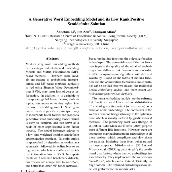 A Generative Word Embedding Model and its Low Rank Positive ...