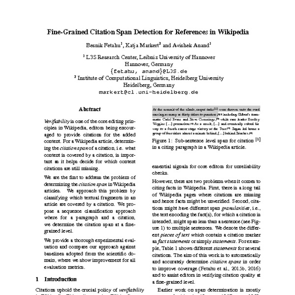 Fine Grained Citation Span For References In Wikipedia Acl Anthology