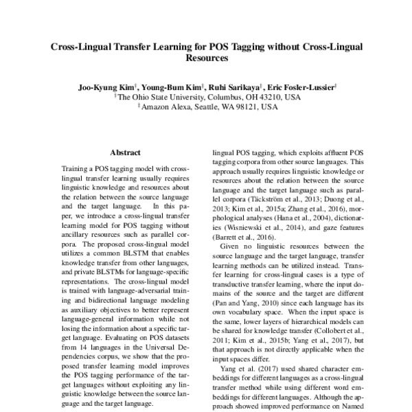 Cross-Lingual Transfer Learning for POS Tagging without Cross-Lingual ...