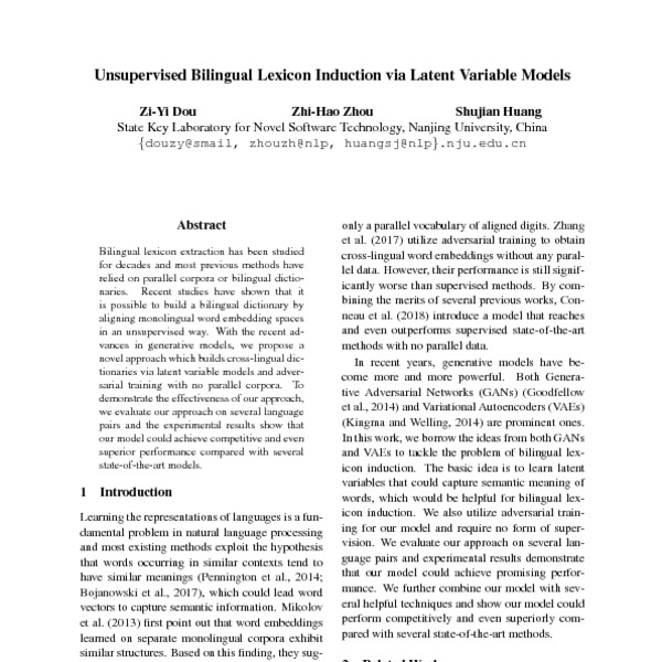 Unsupervised Bilingual Lexicon Induction via Latent Variable