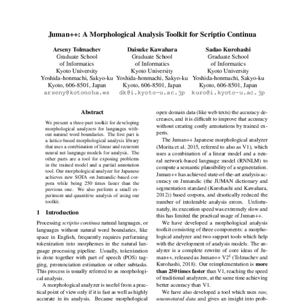Juman++: A Morphological Analysis Toolkit for Scriptio Continua - ACL ...