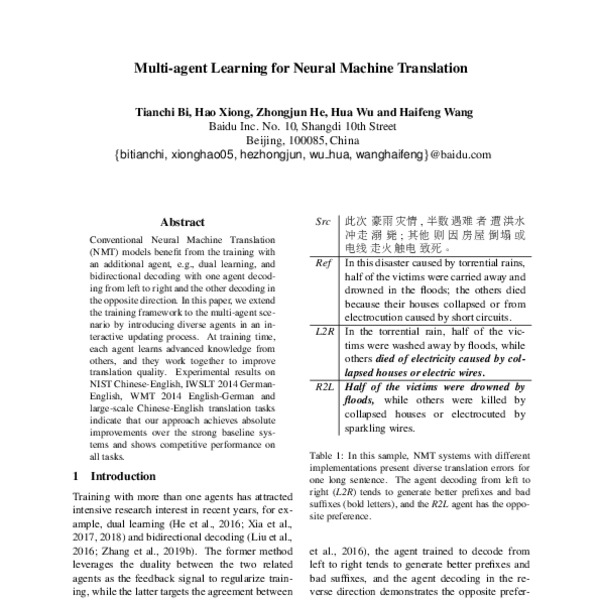 Multi-agent Learning for Neural Machine Translation - ACL Anthology