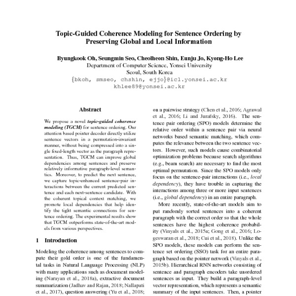 Topic-Guided Coherence Modeling for Sentence Ordering by Preserving ...