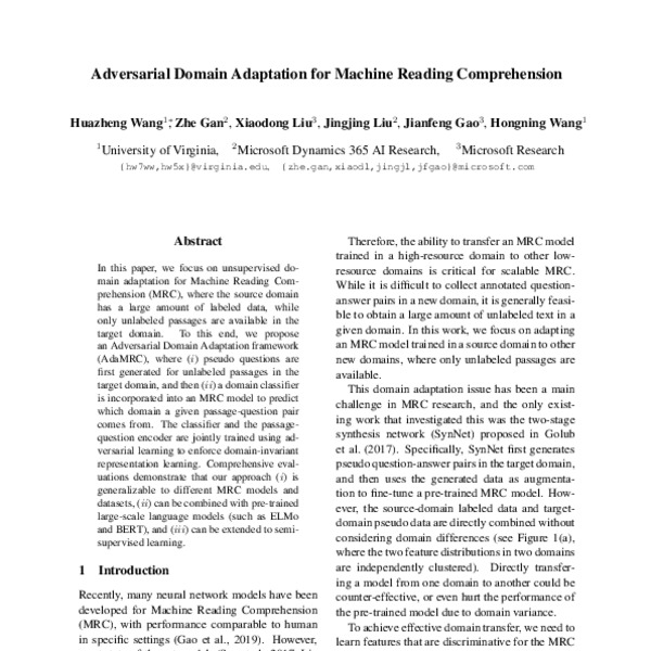 Adversarial Domain Adaptation for Machine Reading Comprehension - ACL ...