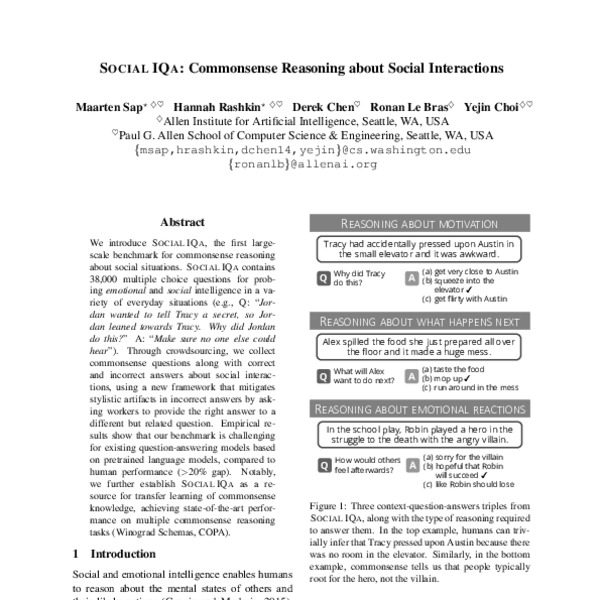 Social IQa: Commonsense Reasoning about Social Interactions - ACL Anthology