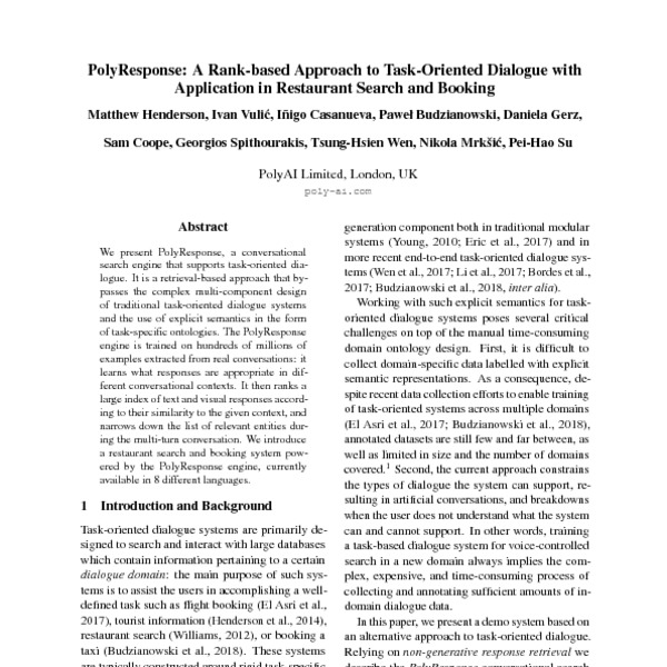 PolyResponse: A Rank-based Approach to Task-Oriented Dialogue with ...