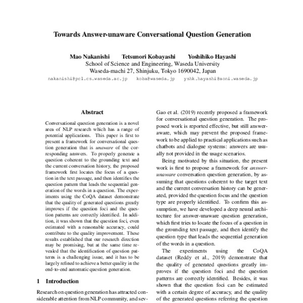 Towards Answer-unaware Conversational Question Generation - ACL Anthology