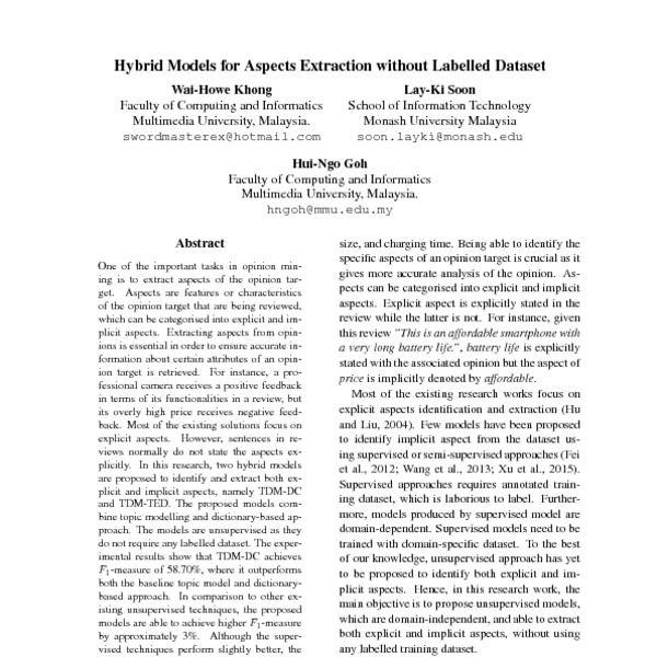 Hybrid Models for Aspects Extraction without Labelled Dataset - ACL ...