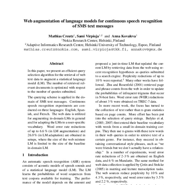 Web Augmentation of Language Models for Continuous Speech Recognition ...