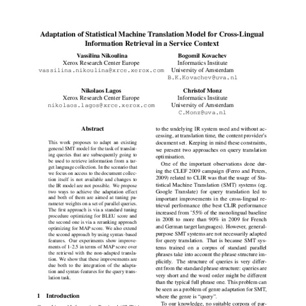 Adaptation of Statistical Machine Translation Model for Cross-Lingual ...