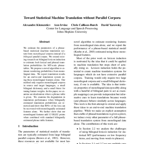 Toward Statistical Machine Translation without Parallel Corpora - ACL ...
