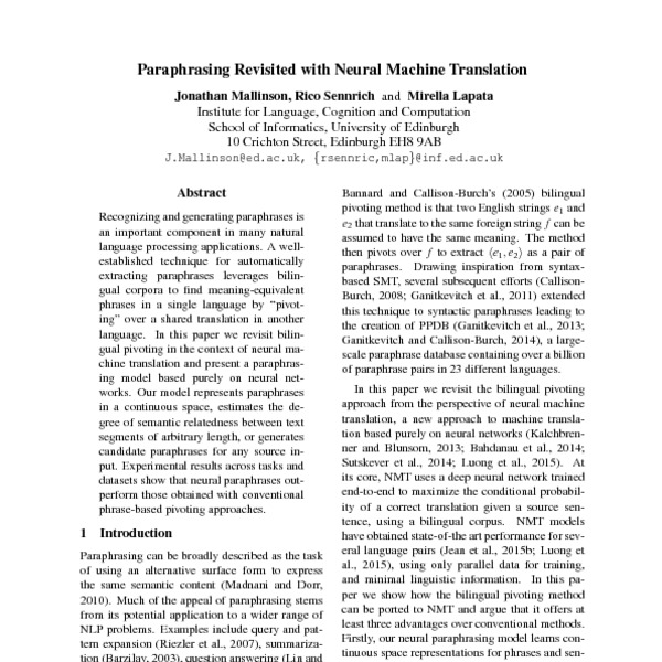 paraphrasing revisited with neural machine translation