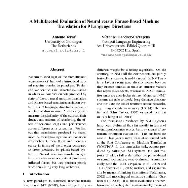 A Multifaceted Evaluation of Neural versus Phrase-Based Machine