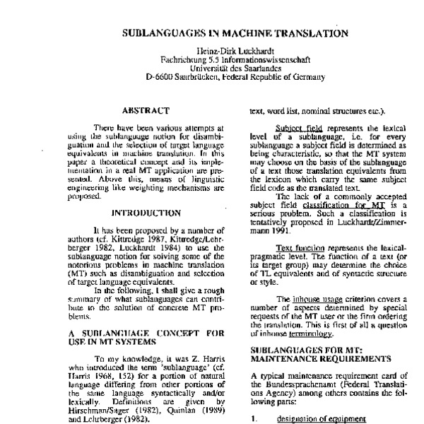 Sublanguages in Machine Translation - ACL Anthology