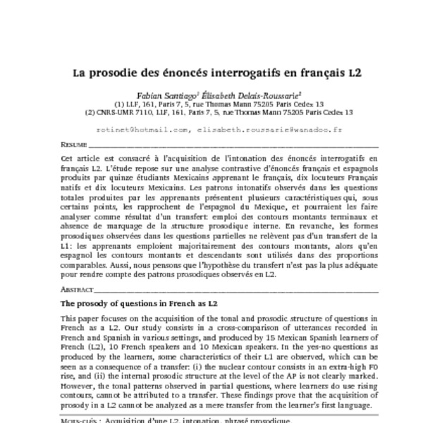 La Prosodie des énoncés interrogatifs en français langue seconde (The ...