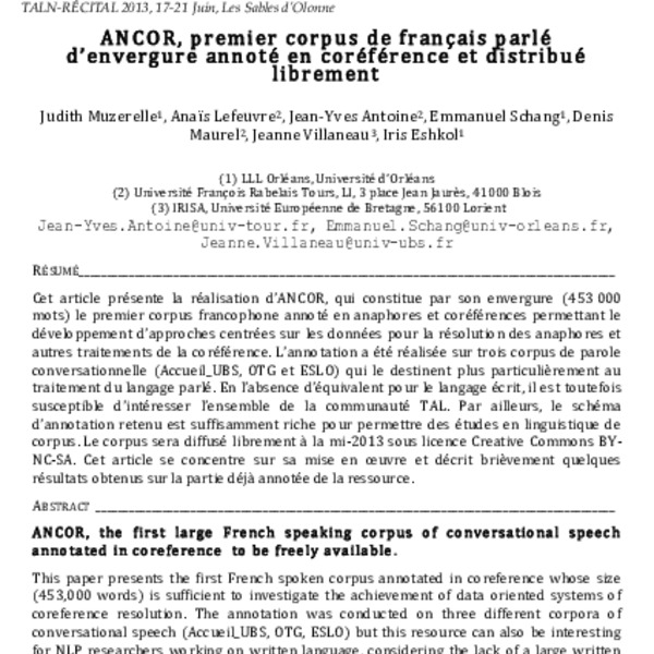 ANCOR, the first large French speaking corpus of conversational speech ...