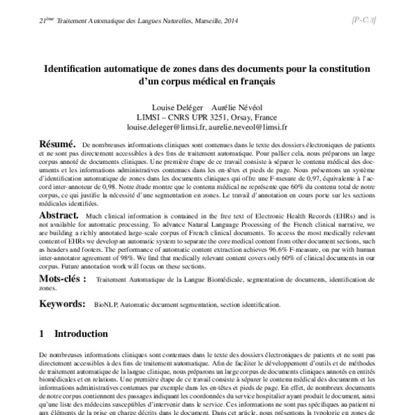 Automatic identification of document sections for designing a French ...