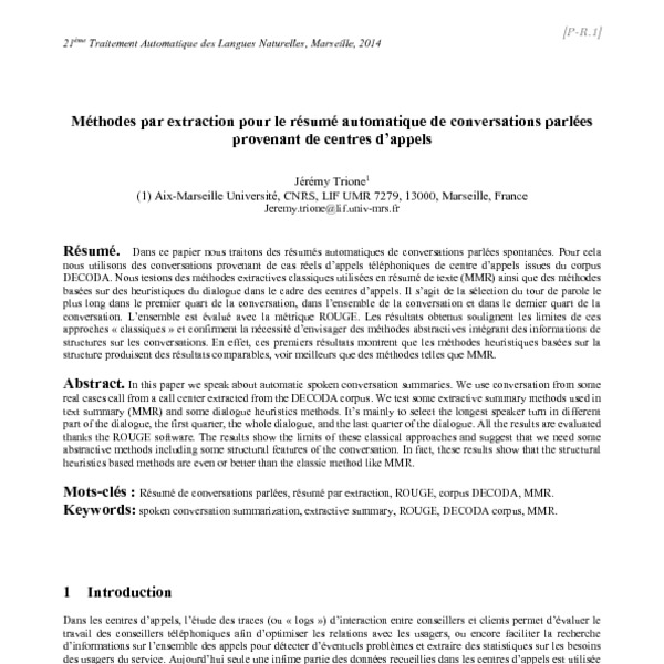 Extraction methods for automatic summarization of spoken conversations ...