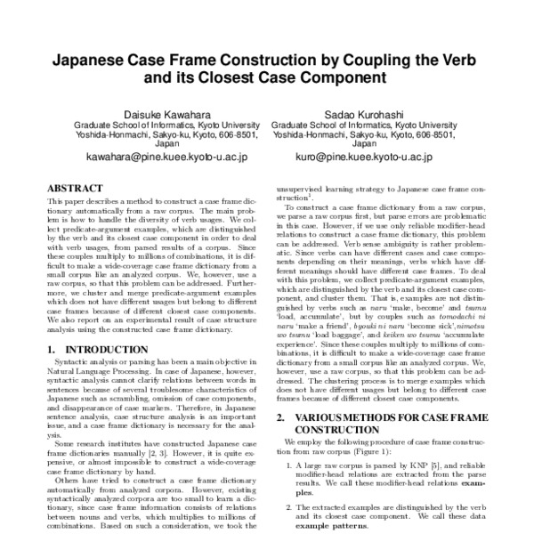 Japanese Case Frame Construction by Coupling the Verb and its Closest ...
