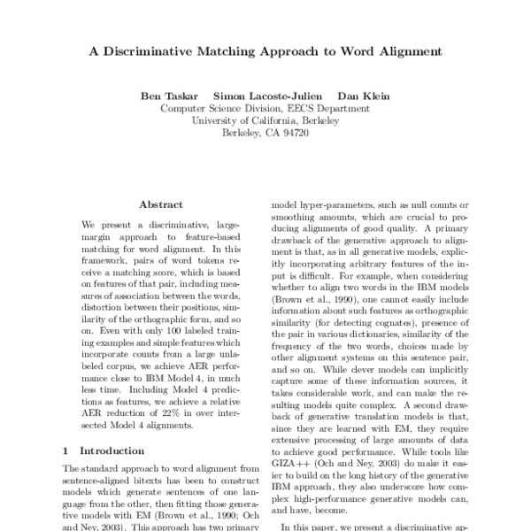 A Discriminative Matching Approach to Word Alignment - ACL Anthology