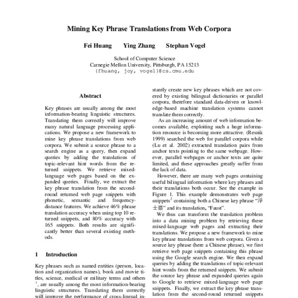 Mining Key Phrase Translations from Web Corpora - ACL Anthology