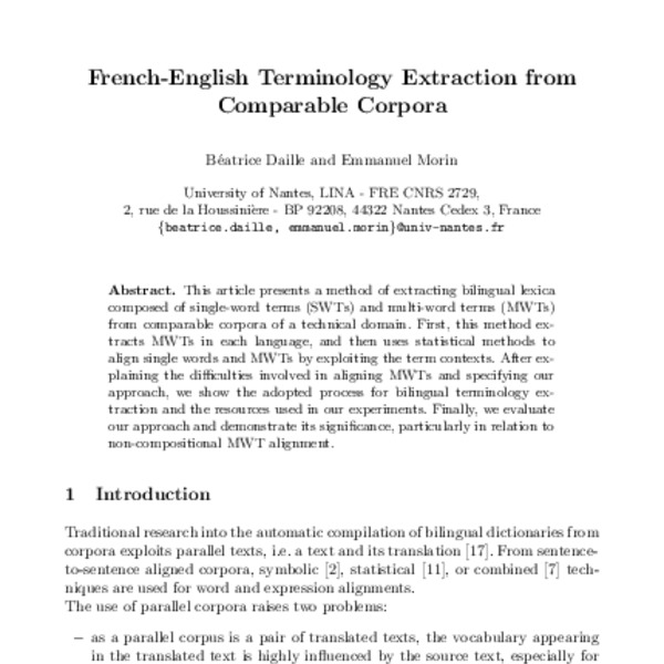 French-English Terminology Extraction from Comparable Corpora - ACL ...