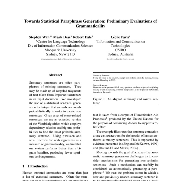 Towards Statistical Paraphrase Generation: Preliminary Evaluations of ...