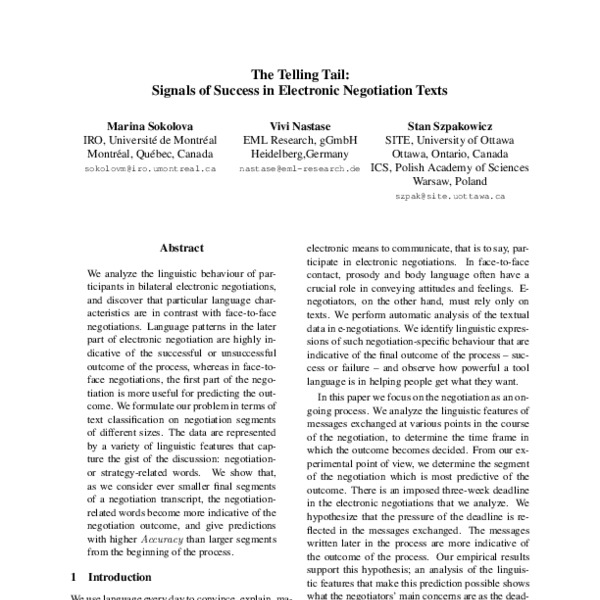 The Telling Tail: Signals of Success in Electronic Negotiation Texts ...