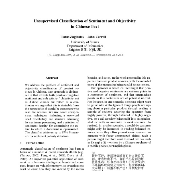 Unsupervised Classification of Sentiment and Objectivity in Chinese ...