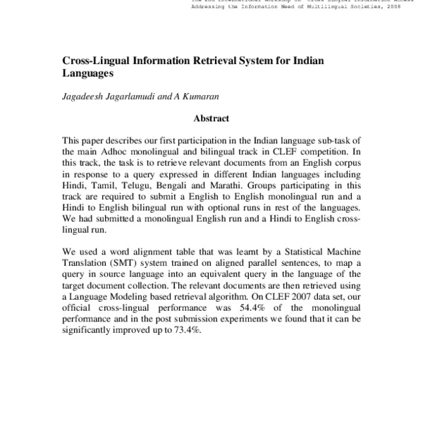 Cross-Lingual Information Retrieval System for Indian Languages - ACL ...