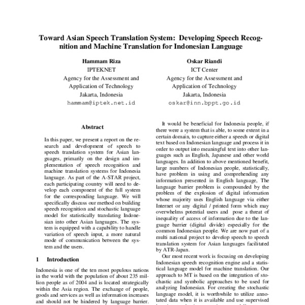 Toward Asian Speech Translation System: Developing Speech Recognition ...