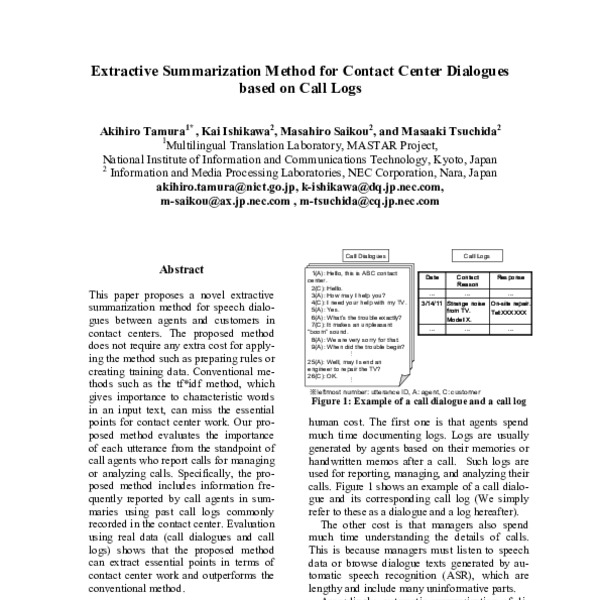 Extractive Summarization Method for Contact Center Dialogues based on