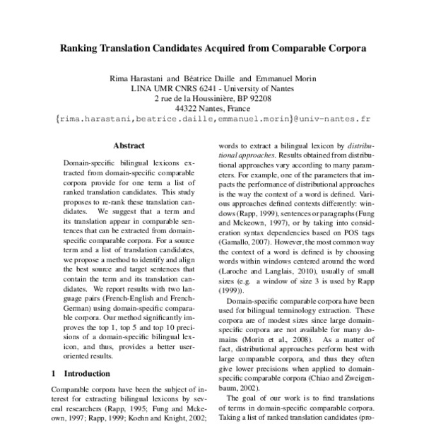 Ranking Translation Candidates Acquired from Comparable Corpora - ACL ...
