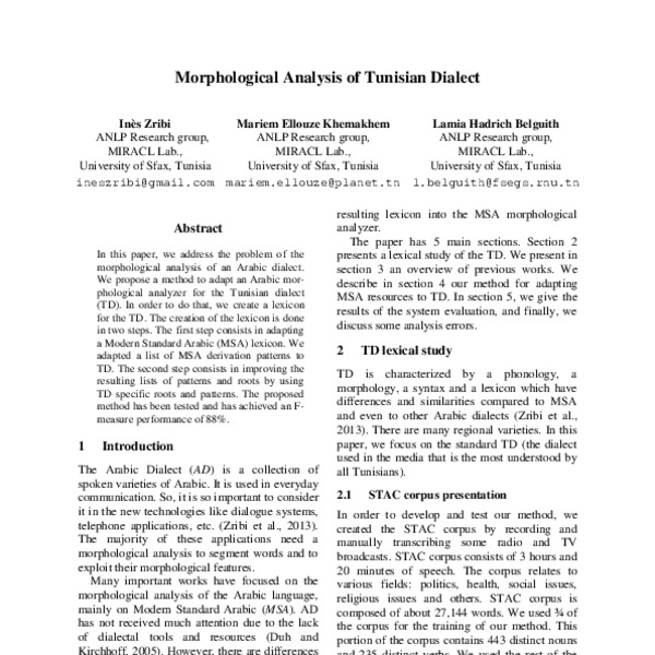 Morphological Analysis of Tunisian Dialect - ACL Anthology