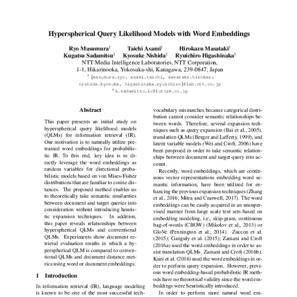 Hyperspherical Query Likelihood Models with Word Embeddings - ACL Anthology