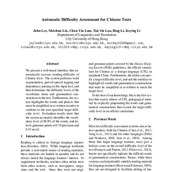 Automatic Difficulty Assessment for Chinese Texts - ACL Anthology