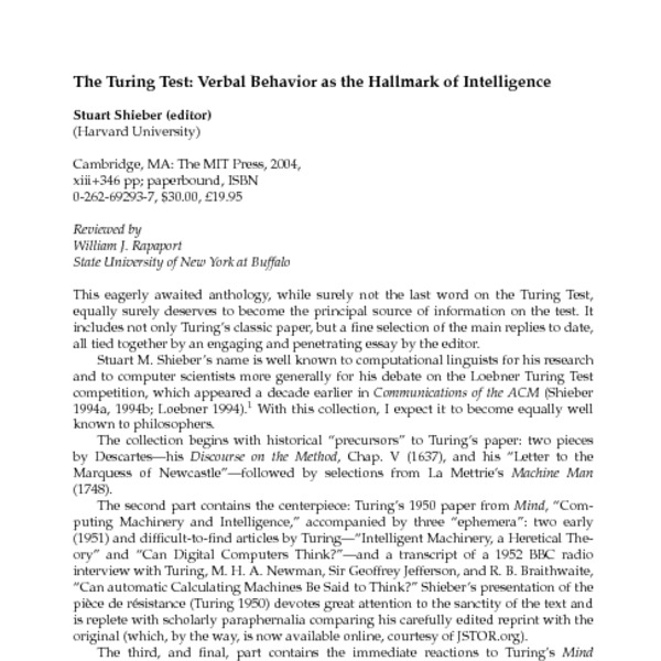 free download the turing test verbal behavior as the hallmark of intelligence
